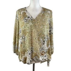 Counterparts Blouse Top sz Medium Khaki Gold Floral Paisley Sheer Career Church